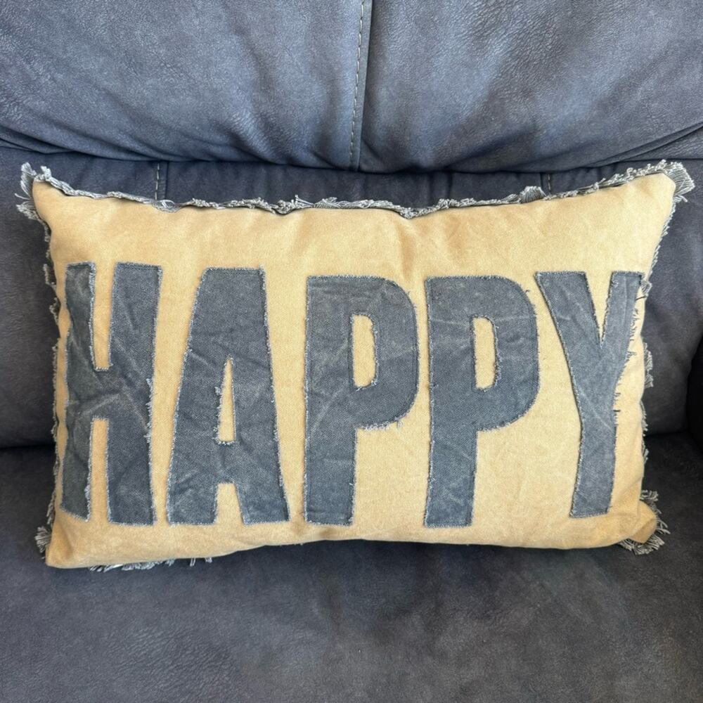 Primitives by Kathy “HAPPY”‎ Throw Pillow w/ Fringe Trim Gray and Yellow